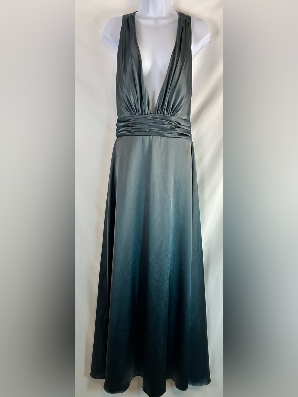 Revelry Dylan Satin Maxi Dress Dark Green Gray Ruched Size 10